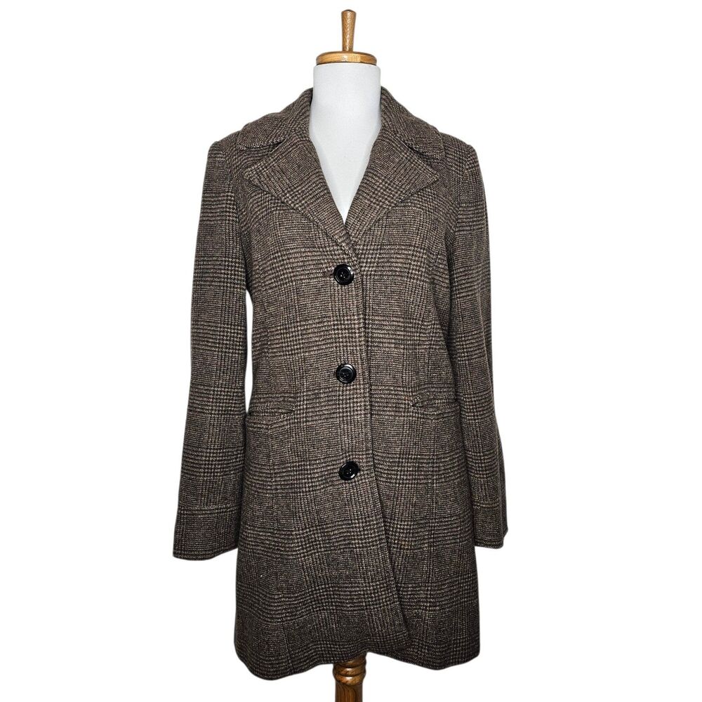 Merona Wool Blend Houndstooth Coat Brown Elbow Patch Equestrian Academia Size S
